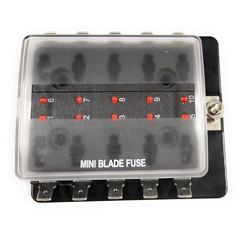 Fuse Holder BLM-I-310 OPTIFUSE (1 Unit) HAS LED for Each Fuse Holds 10 FUSES Mini Blade ATM AUTO Type Unit Also HAS Clear Cover 3.75 X 3.25 X 1.5 INCH Height USES .250 Q. C. Slide TERMINALS