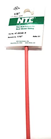 NTE Electronics 47-20348-R Heat Shrink Tubing, Thin Wall, 2:1 Shrink Ratio, 1/8" Diameter, 48" Length, Red