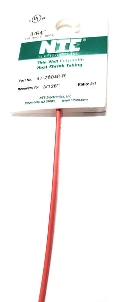 NTE Electronics 47-20048-R Heat Shrink Tubing, Thin Wall, 2:1 Shrink Ratio, 3/64" Diameter, 48" Length, Red
