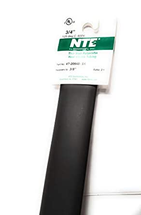 NTE Electronics 47-20948-BK Heat Shrink Tubing, Thin Wall, 2:1 Shrink Ratio, 3/4" Diameter, 48" Length, Black