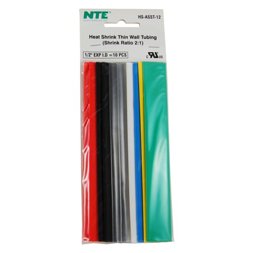 NTE Electronics HS-ASST-12 Thin Wall Heat Shrink Tubing Kit, Assorted Colors, 6" Length, 1/2" Dia., 10 Pieces