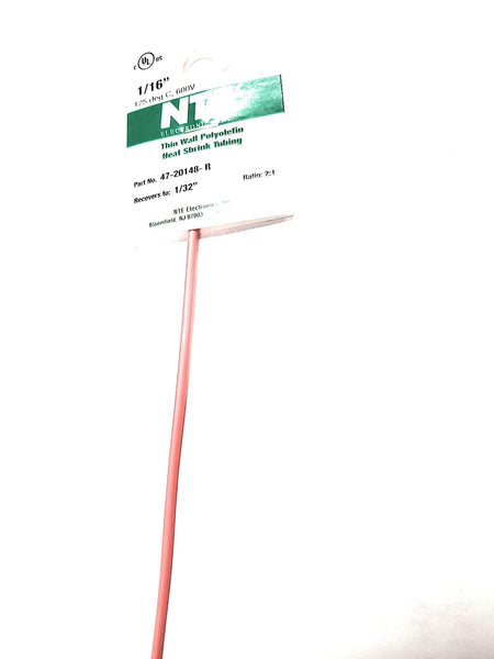 NTE Electronics 47-20148-R Heat Shrink Tubing, Thin Wall, 2:1 Shrink Ratio, 1/16" Diameter, 48" Length, Red