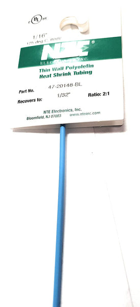 NTE Electronics 47-20148-BL Heat Shrink Tubing, Thin Wall, 2:1 Shrink Ratio, 1/16" Diameter, 48" Length, Blue