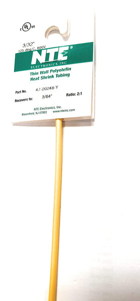 NTE Electronics 47-20248-Y Heat Shrink Tubing, Thin Wall, 2:1 Shrink Ratio, 3/32" Diameter, 48" Length, Yellow