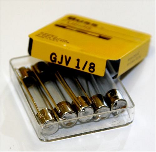Box of (5) Bussmann GJV-1/8 Amp @ 250 Volts or Less 1/4" x 1-1/4" Fast Blowing Fuses with Pig Tail Leads