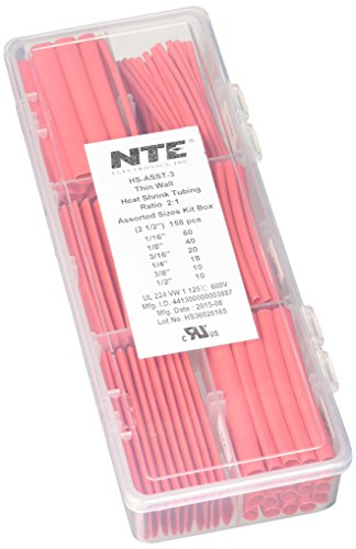 NTE Electronics HS-ASST-3 Thin Wall Heat Shrink Tubing Kit, Red, Assorted Dia., 2-1/2" Length, 158 Pieces